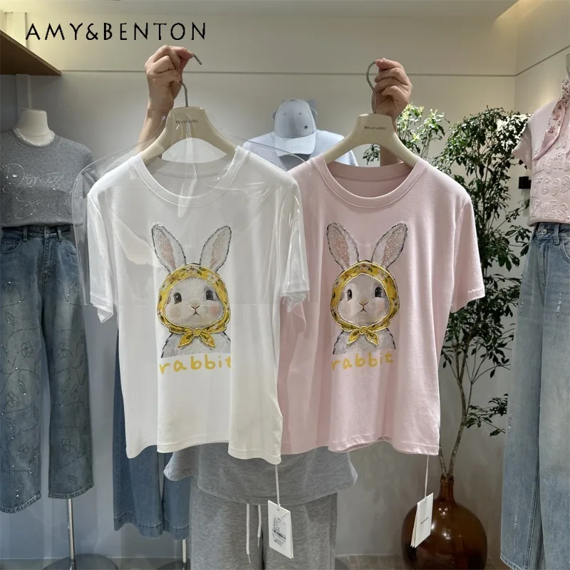 

Women's Y2k Short-sleeves T-shirt 2026 Spring Summer New High-end Pure Cotton Floral Rabbit Print Loose Fit O-Neck Top Tshirts