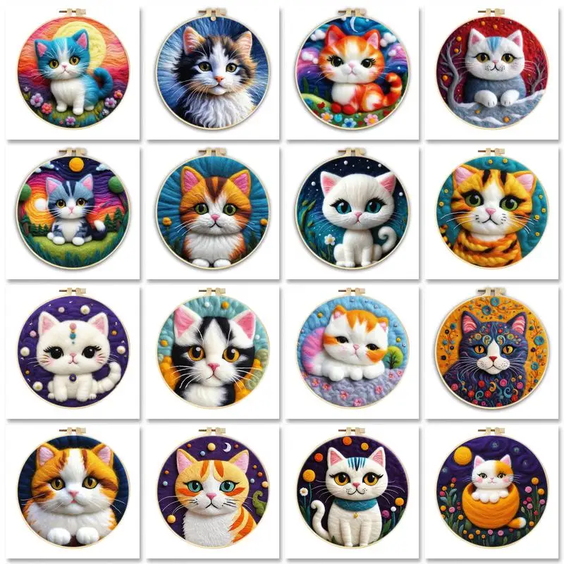 

GATYZTORY Needle Felting Painting With Frame Kit Cat Animal Set Includes Wool Bag Felting Needle Foam Pad Felt Cloth Handicraft