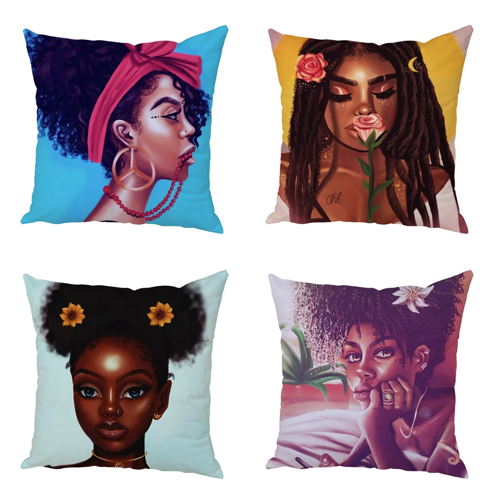 Beautiful African Women  Pillow Case Peach Skin Decor Colorful Cartoon Girl Cushion Cover for Sofa Car Home Throw Pillowcase