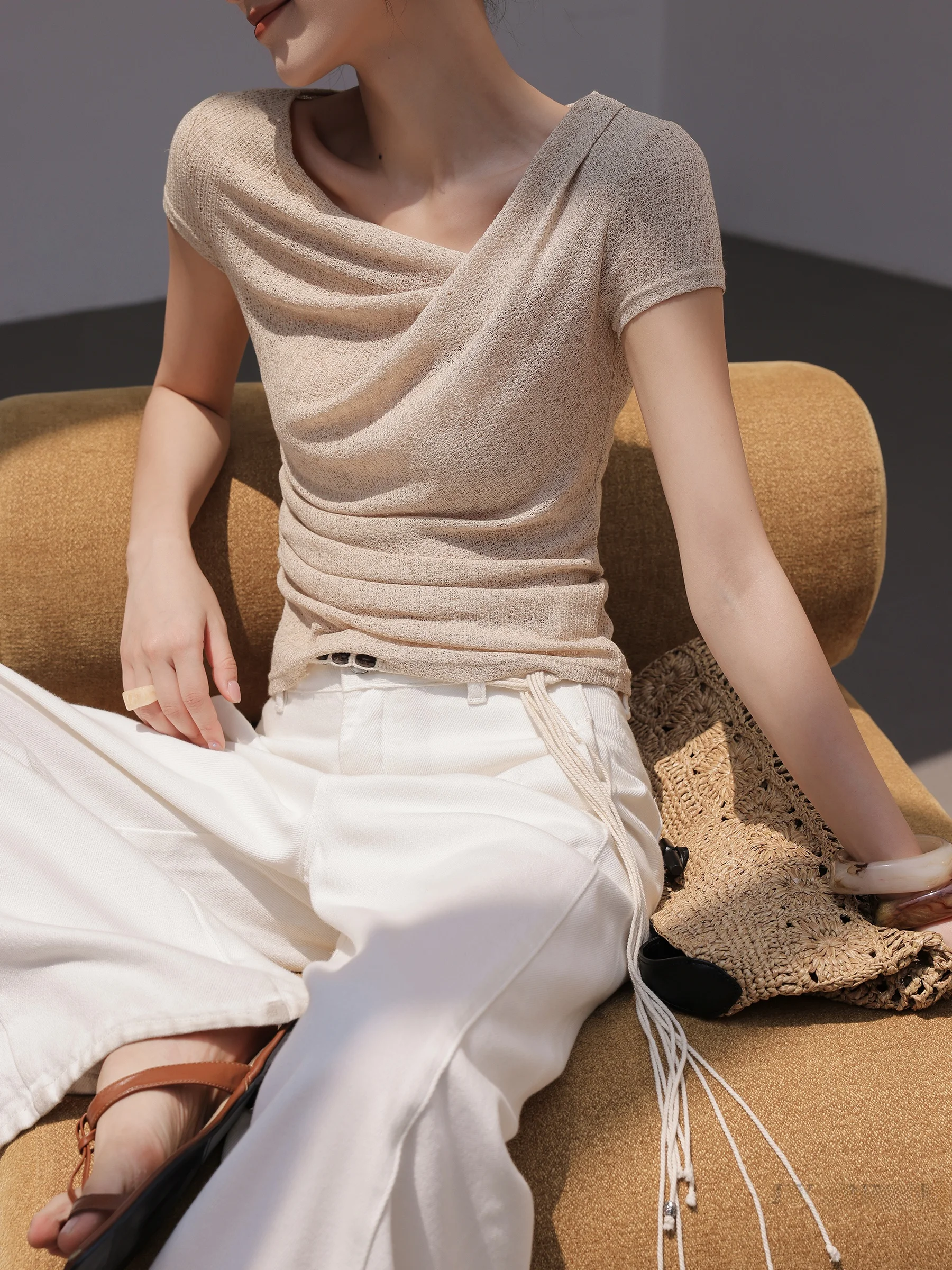 

JWUNIQUE i Color Irregular Lapel Linen ort Sve T-irt Women's Summer New Sle Asymmetrical Design Commute Sle