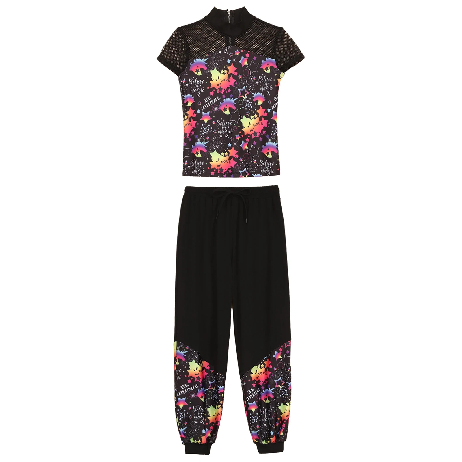 

Kids Girls Hip Hop Jazz Street Dance Outfits Hollow Out Fishnet Short Sleeve Zipper Printed Shirt Top with Sweatpants Sportswear