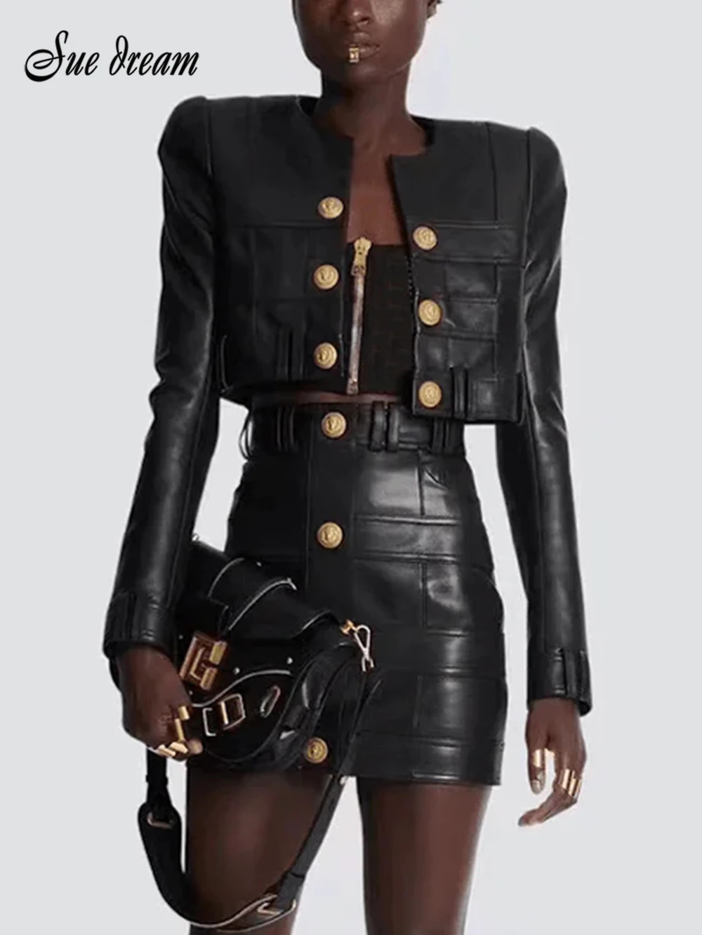 Double Breasted PU Leather Cropped Jacket Women 2023 Autumn Elegant Black Leather 2 Pieces Sets Ladies