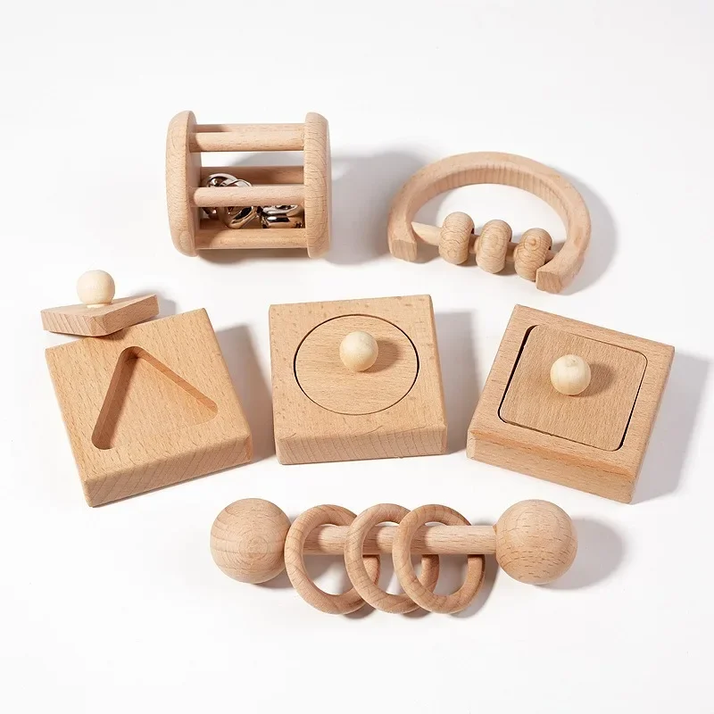 Children's wooden toy rattle natural wood 0-12 baby early education grasp geometric shape matching toy set