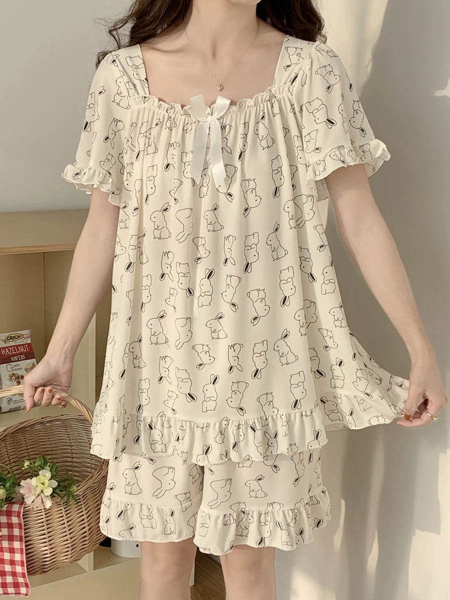 

Женская летняя домашняя одежда из ледяного шелка большого размера, комплект футболки с короткими рукавами, брюки с мультяшным принтом