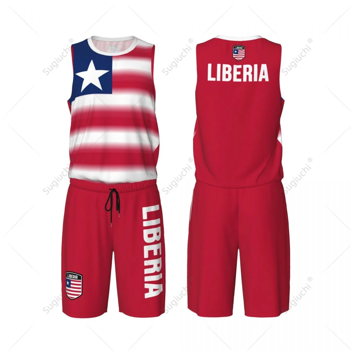 Men Liberia Flag Basketball Jersey Set Mesh Shirt & Pants Sleeveless Exclusive Team-up Custom Name Nunber Unisex