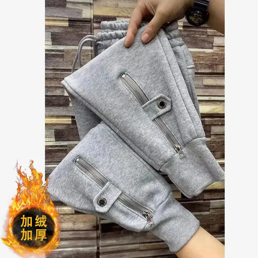 Add Velvet/ No Velvet Zipper Sweatpants Women Autumn Winter Plush Thick Casual Warm Pants Elastic High Waist Harem Trousers 5XL