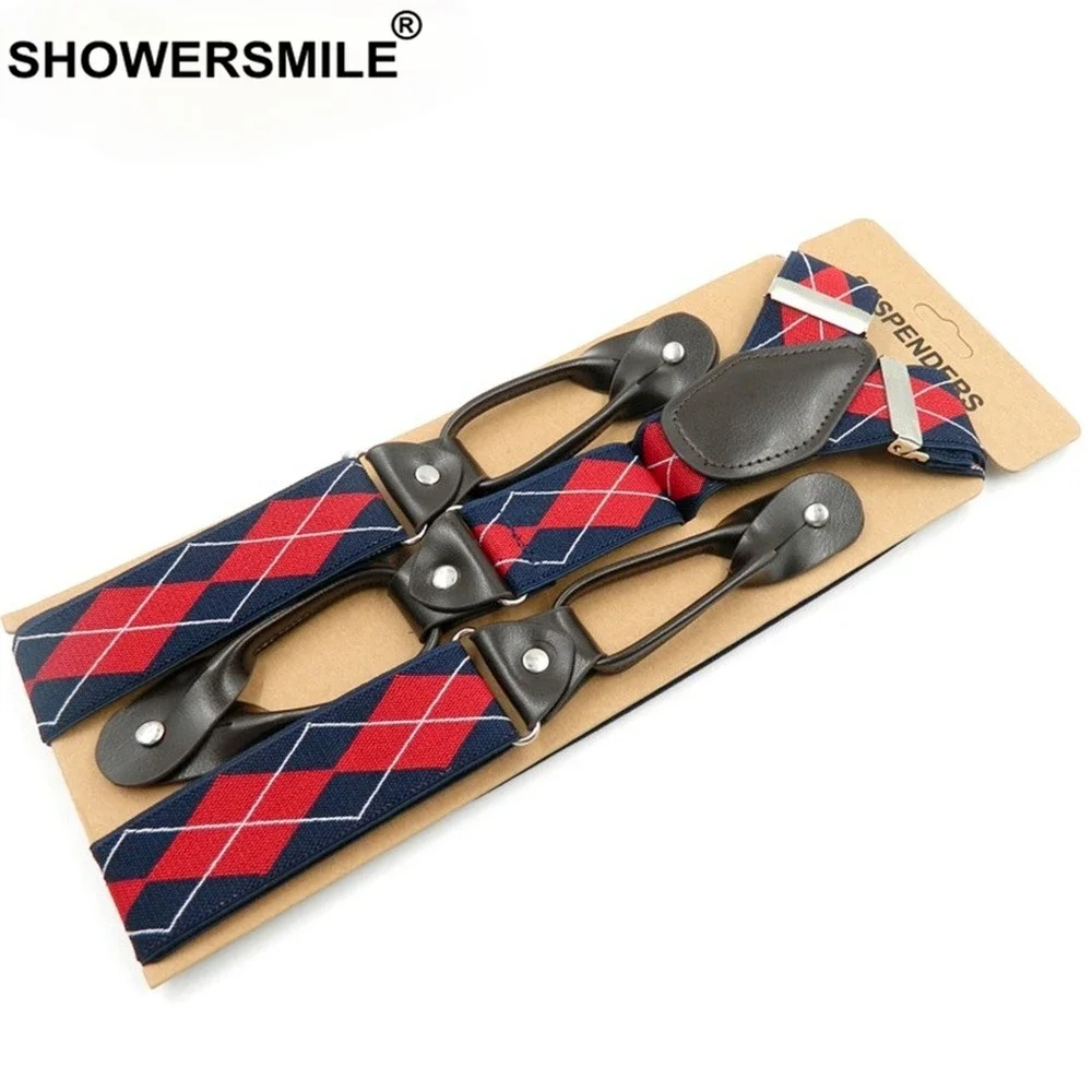 

SHOWERSMILE Navy Red Button Suspenders Plaid Argyle Suspender for Men Vintage Wedding Elastic Male Shirt Suspender 120cm*3.5cm