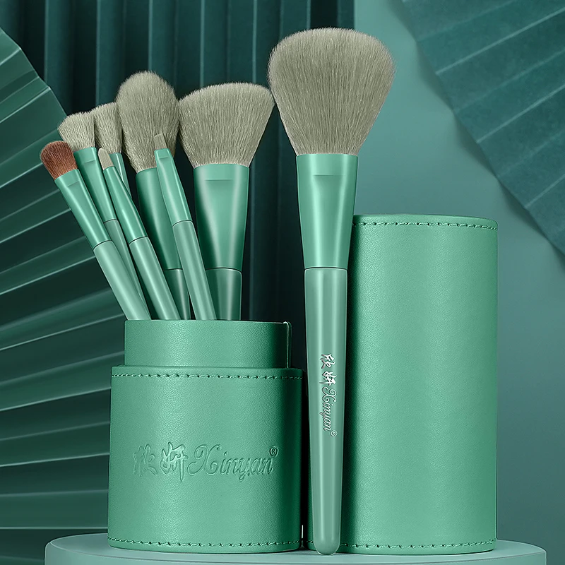 XINYAN 8pcs Green Makeup Brushes Set Blush Eyeshadow Concealer Lip Beginner Cosmetics Make up with Shiny Case Powder Beauty Tool