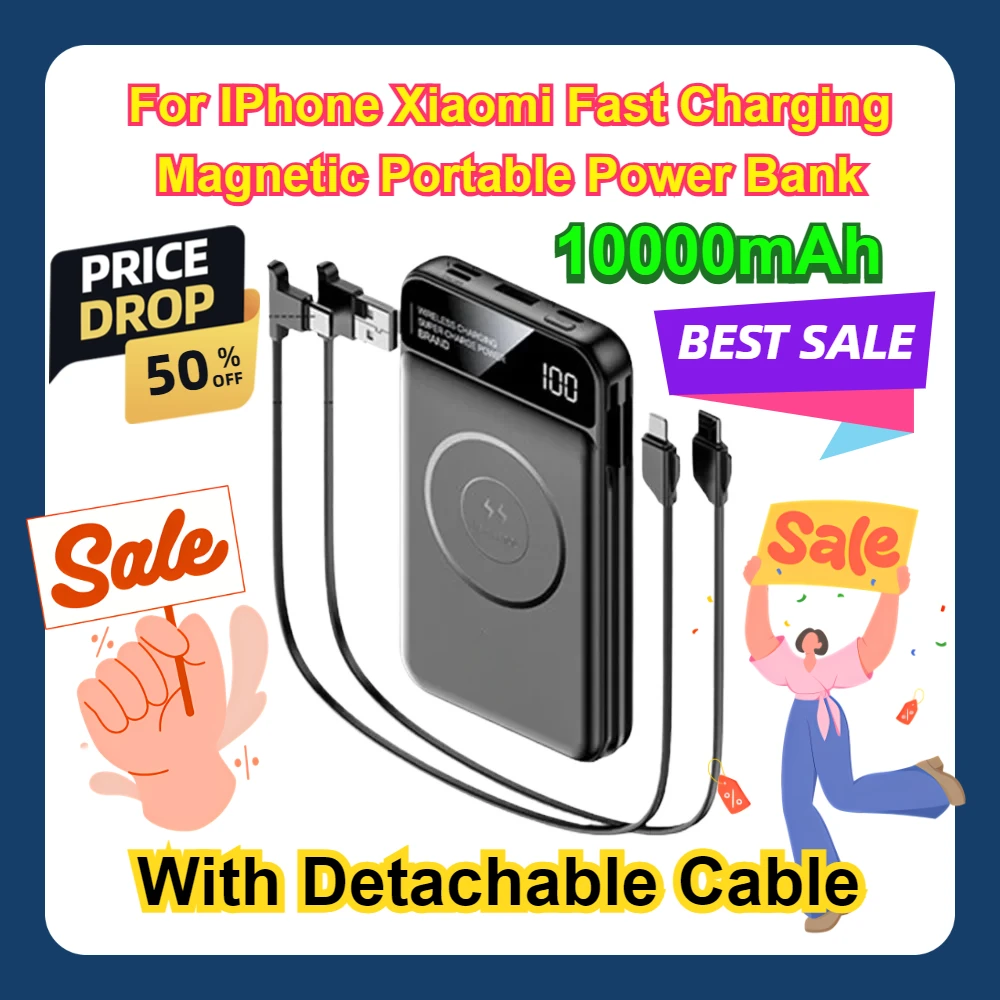 With Detachable Cable For IPhone Xiaomi Fast Charging Magnetic  Portable Power Bank Wireless Charging Power Display 10000mAh