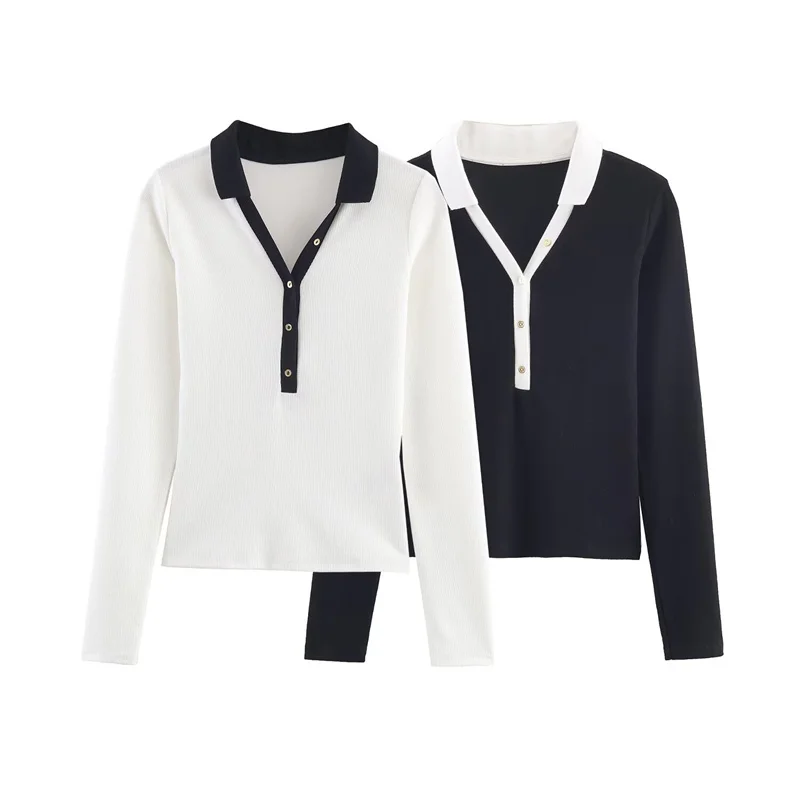 Top de mujer 2025 otoño nuevo estilo Color sólido Top de punto de manga larga con detalles de bloques de Color diseño Simple Casual y de moda