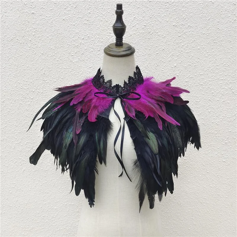 4 Layer Women Feather Cloak Shoulder Cape Punk Gothic Party Coat Prom Clothes Shawl Shrug Stole Wrap Halloween Cosplay Choker