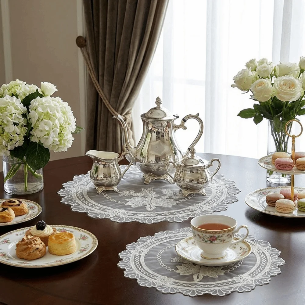 Lace Embroidery Table Cloth Tray Mat European Round Embroidered Lace Placemat White Transparent Coffee Coaster Beside Table