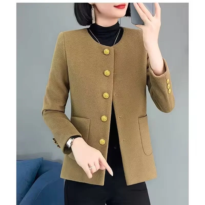 2026 Spring Autumn Small Fragrance Woolen Coat Female Korean New Jacket Women Western Style Fashion Outwear Round Neck Overwear
