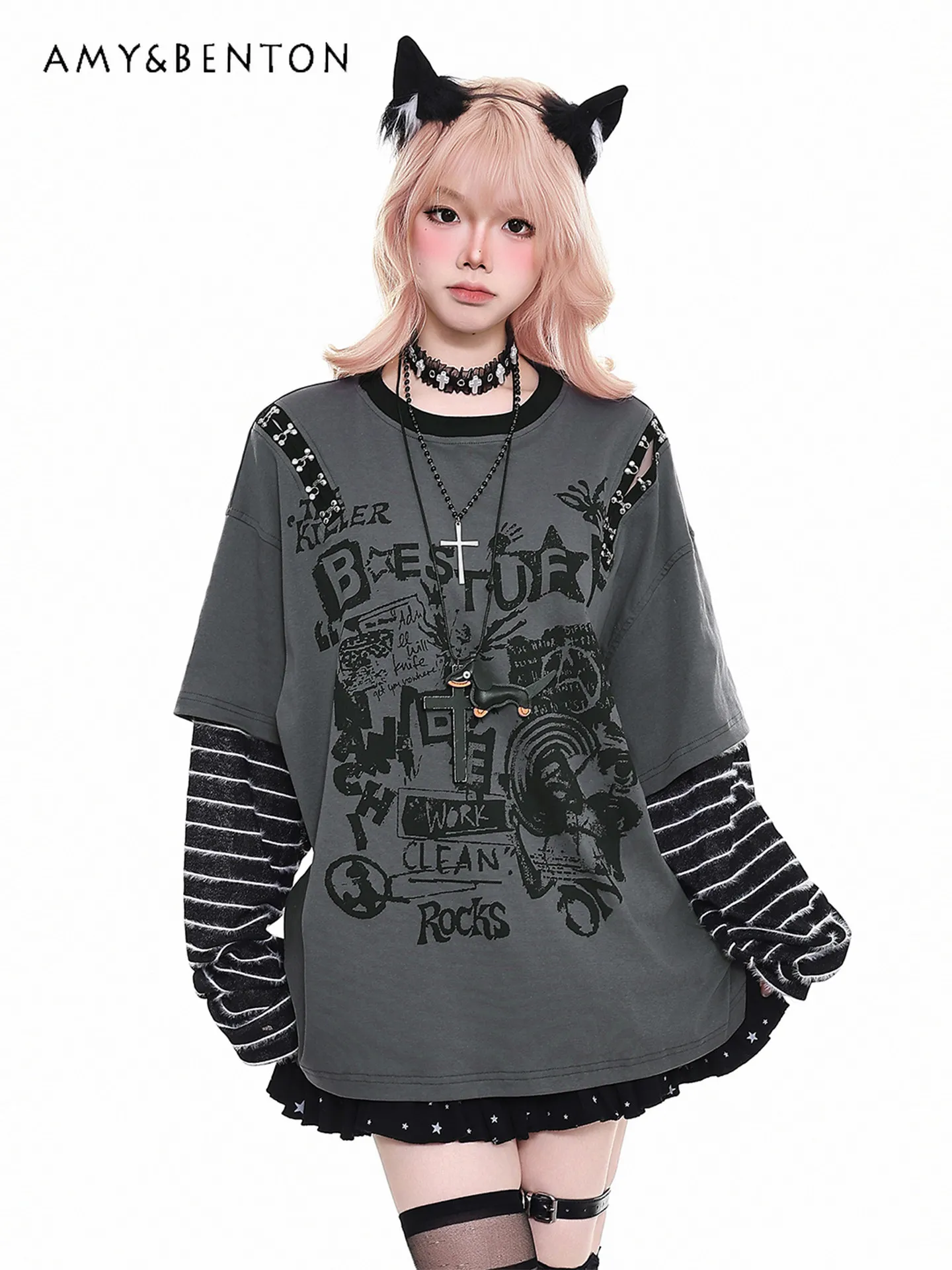 

Женская футболка в стиле ретро-субкультуры с цветными блоками, имитация двухслойности, весенний студенческий стиль, милый и дерзкий свободный топ Y2K с длинным рукавом