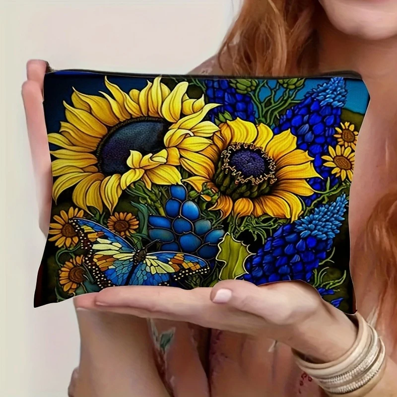 1pc Women'S Makeup Bag with Sunflower Designs, Ideal for Travel, Featuring a Convenient Zipper