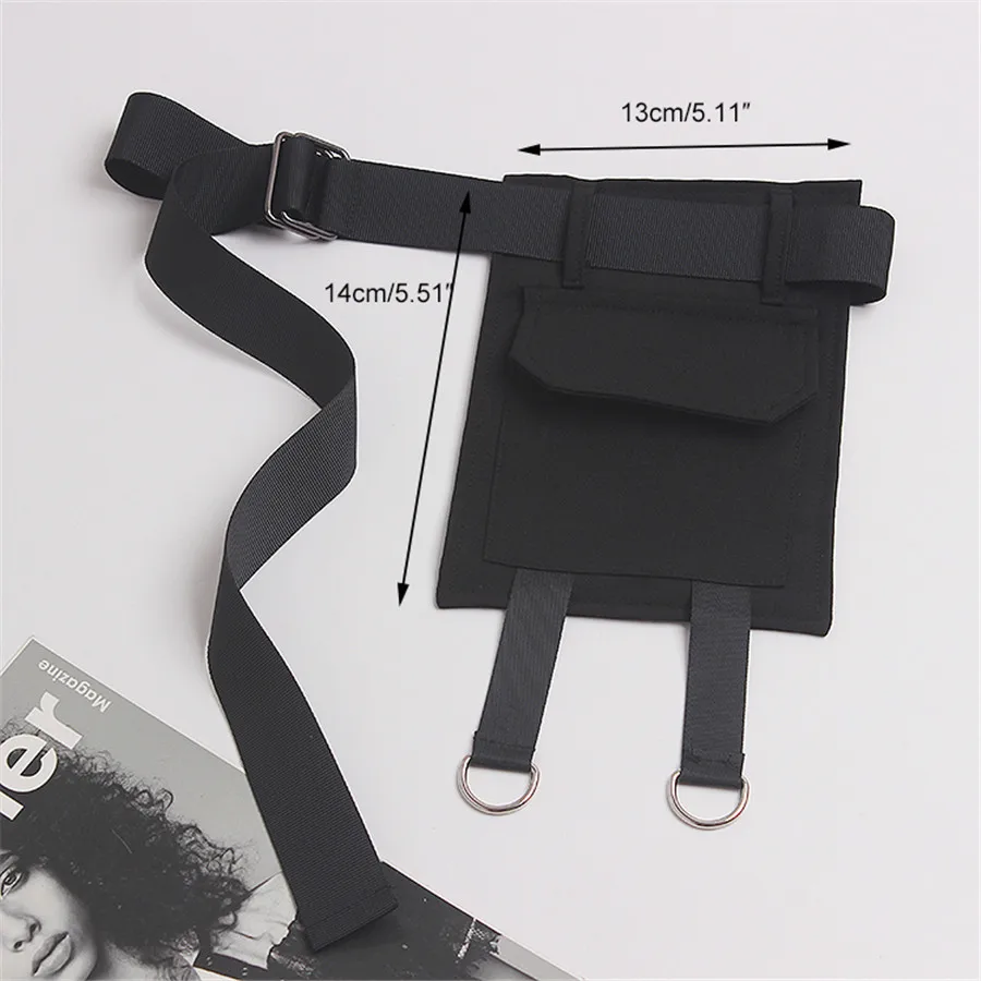 Personality Y2K Women New Fashion Belt Black Punk Street Style Waist Pack Black Pocket Metal Buckle Split Joint Long Wide Belt