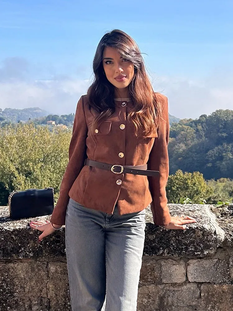 HH mujer cinturón de bolsillo falso de un solo pecho decorar chaquetas de calle otoño mujer moda cuello redondo manga larga abrigo corto 3 colores