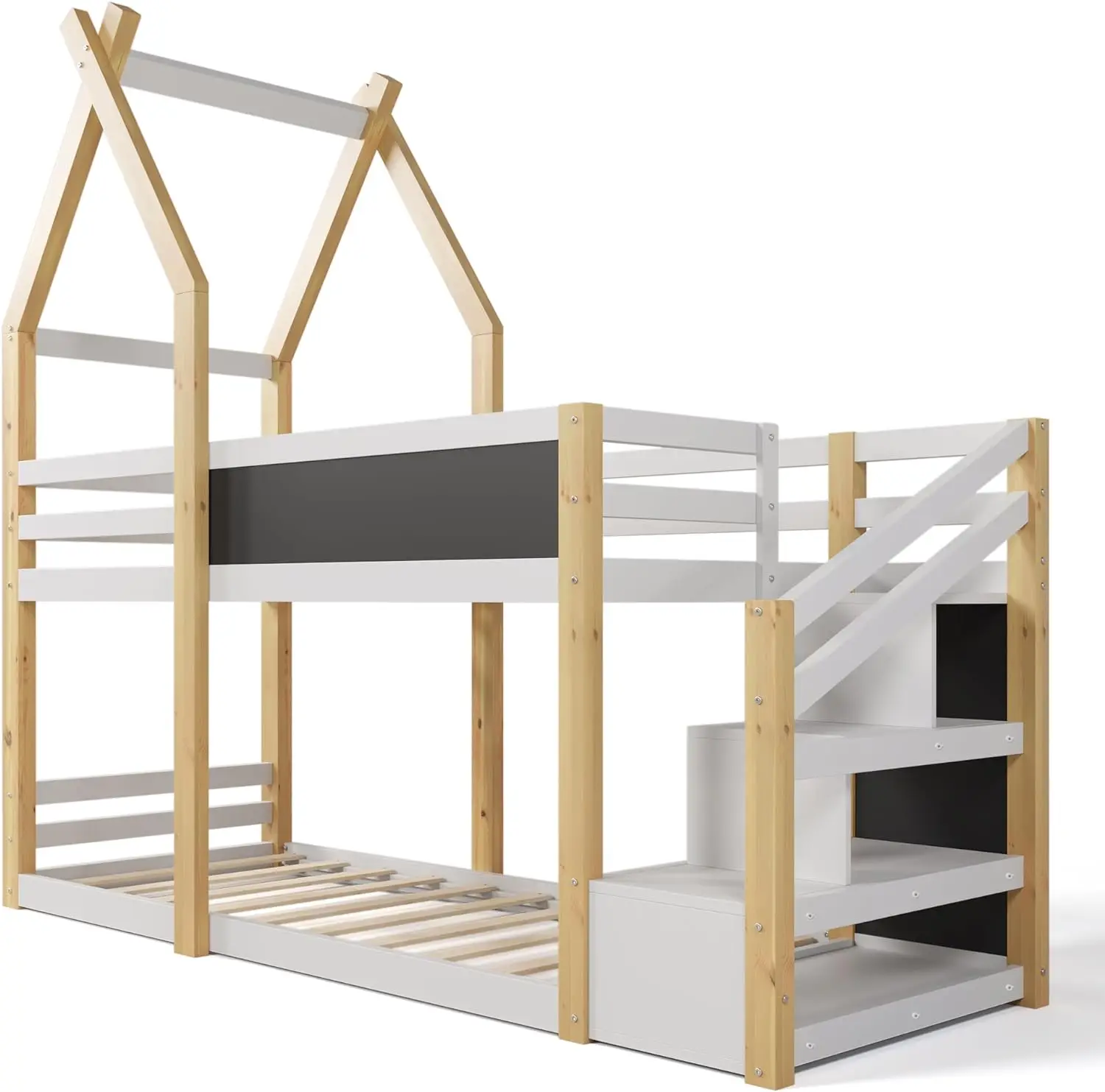 Twin Over Twin House Bunk Bed Frames With Storage Staircase And Blackboard For Teens, Girls Or Boys