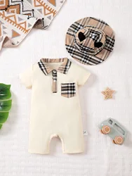 3-24M Beige White Baby Boy With Lapel Jumpsuit Gentleman Style Short Sleeve Pocket Color Matching Checked Jumpsuit Shorts