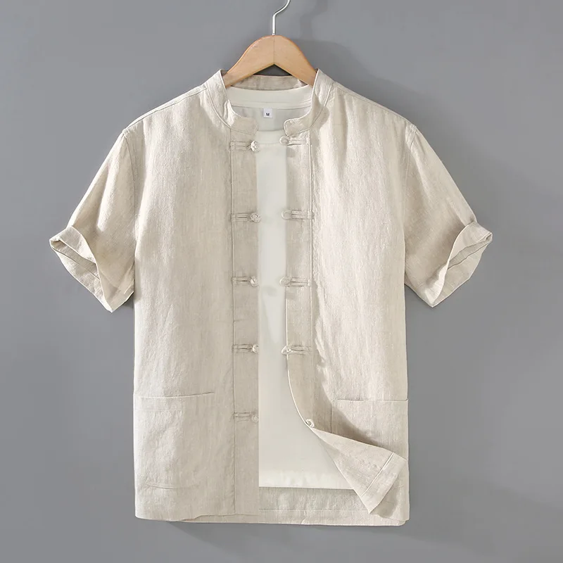 Men's Chinese style fashionable versatile comfortable breathable summer men's solid color retro buckle loose short sleeved shirt