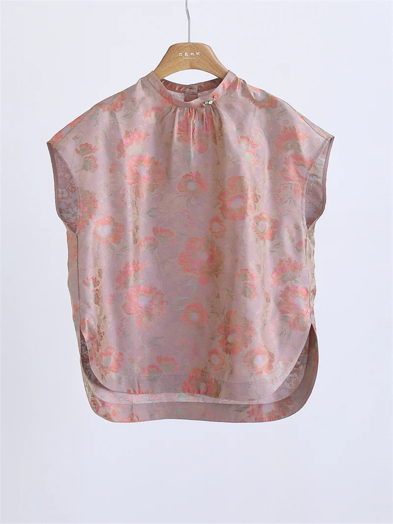 

Новый женский топ в китайском стиле из шелка с коротким рукавом и круглым вырезом, с цветочной вышивкой, универсальный, омолаживающий, модный, весна-лето