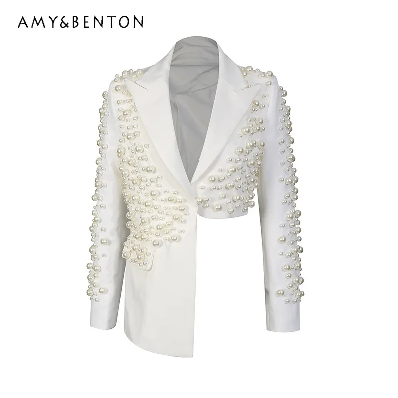 

2026 New Sexy Women's Skirt Set Fashionable Lapel Heavy Industry Pearl Embellishment Top Low-waisted A-line Skirts Suit Ladies