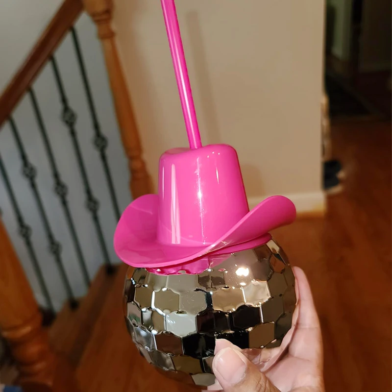Disco Ball Cups Pink Cowgirl Hat Mirror Party Cup with Straws Bachelorette Party supplies 70s Bar Dance Disco Party Decoration