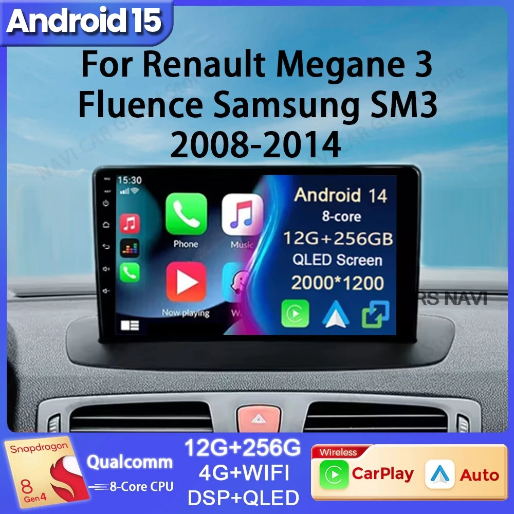 

Android 15 For Renault Megane 3 Fluence Samsung SM3 2008 - 2014 GPS Navigation Video Player Multimedia Car Radio Stereo DSP Auto
