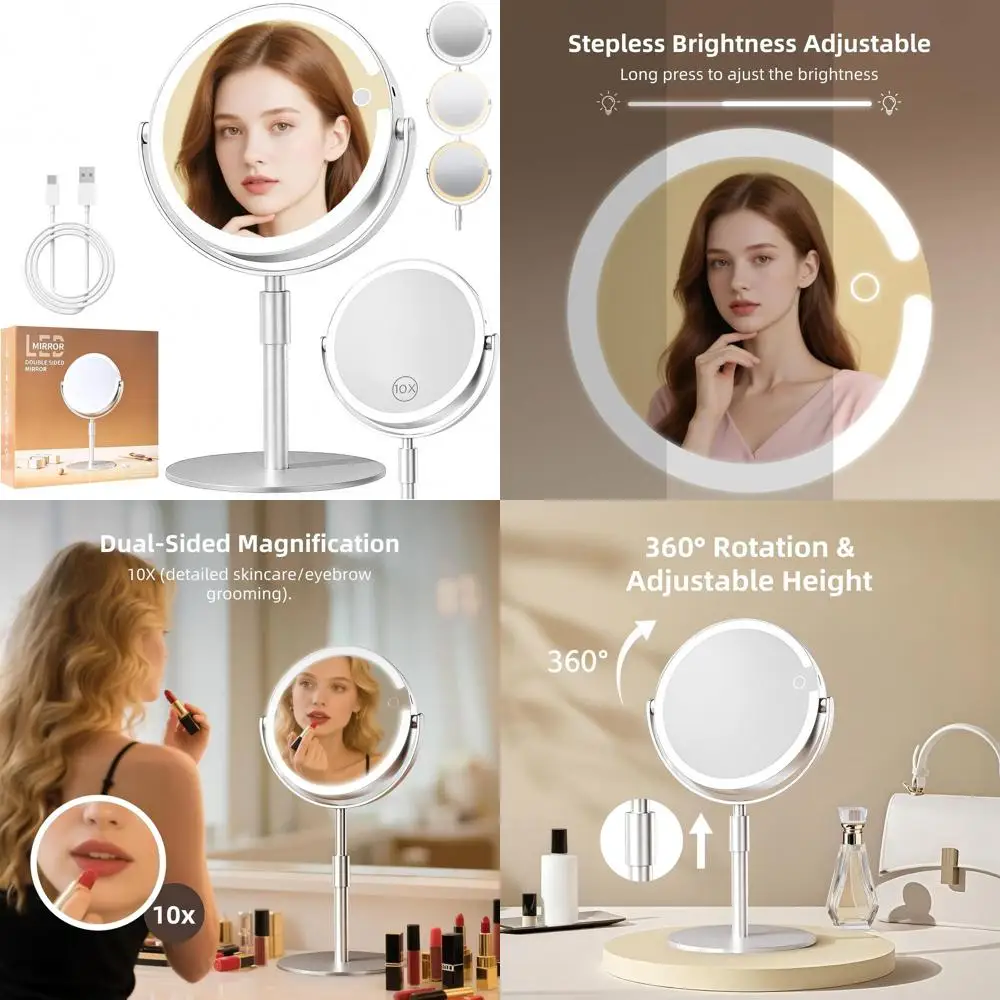 8 مرآة زينة مضيئة مزدوجة الجوانب، تكبير 1X/10X، سطوع قابل للتعديل، قابلة لإعادة الشحن، قابلة للدوران والارتفاع #1