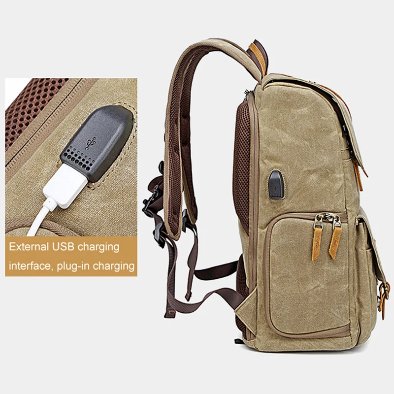 Photography Retro Waterproof Batik Canvas backpack w USB Port fit 15.6inch Laptop Men Camera Bag Carry Case for Canon Nikon DSLR