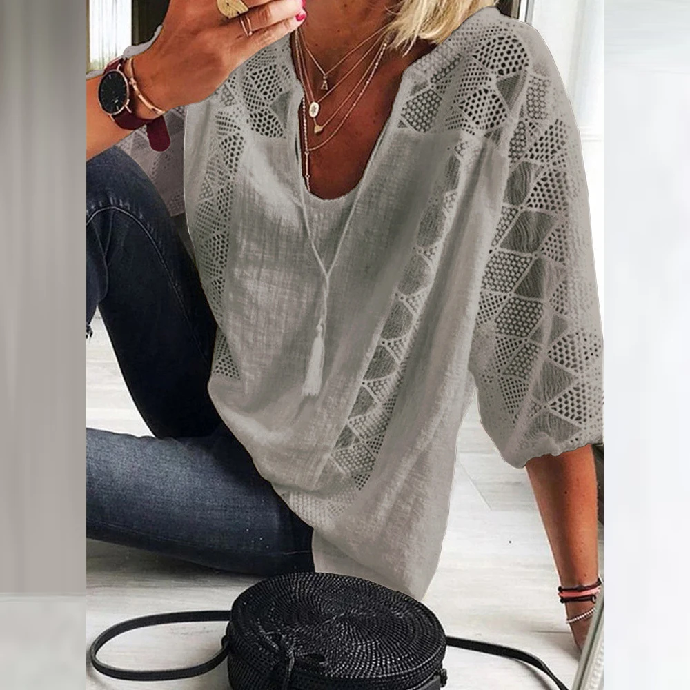 Women Elegant Fashion T-Shirt Summer Cotton Linen Patchwork Lace U-neck Three Quarter Sleeve Blouse Casual Ladies Pullover Tops