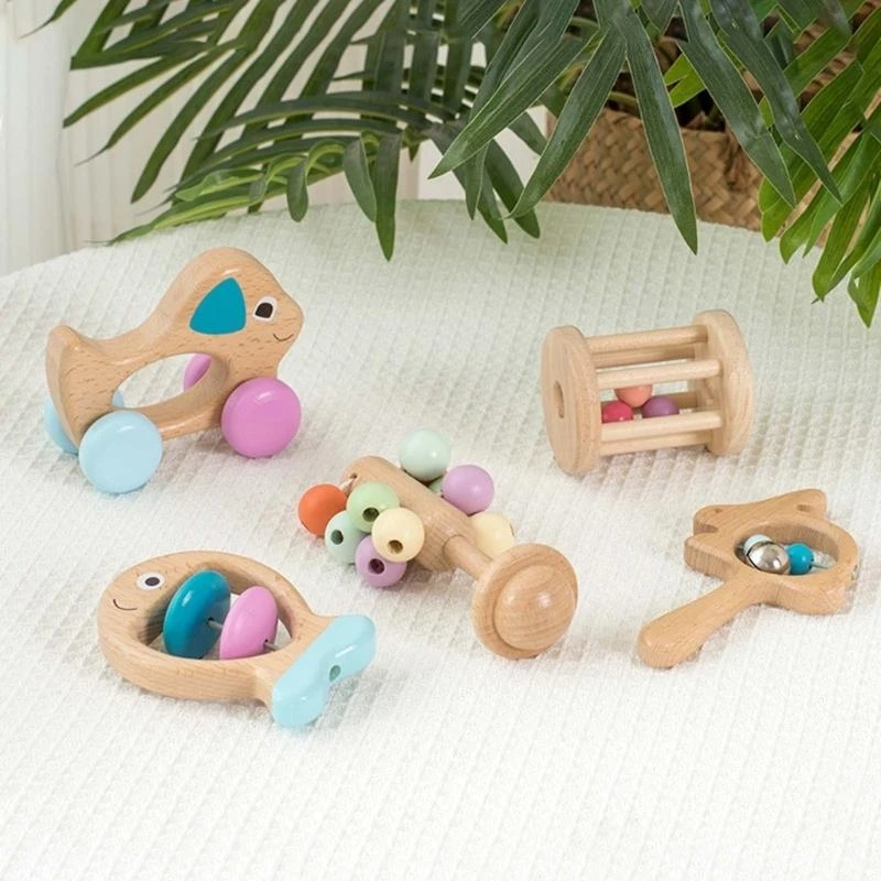 Baby Musical Bells Bright Color Design Wooden Rattle Cartoon Children Toy 15UB