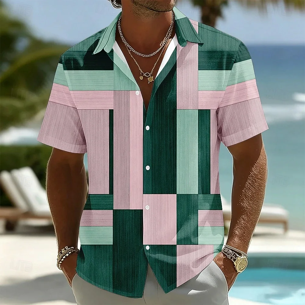 Men's Hawaiian Collar Shirt with Vertical Line Texture Patch Pattern Printed Fashionable Short Sleeved Seaside Casual Shirt