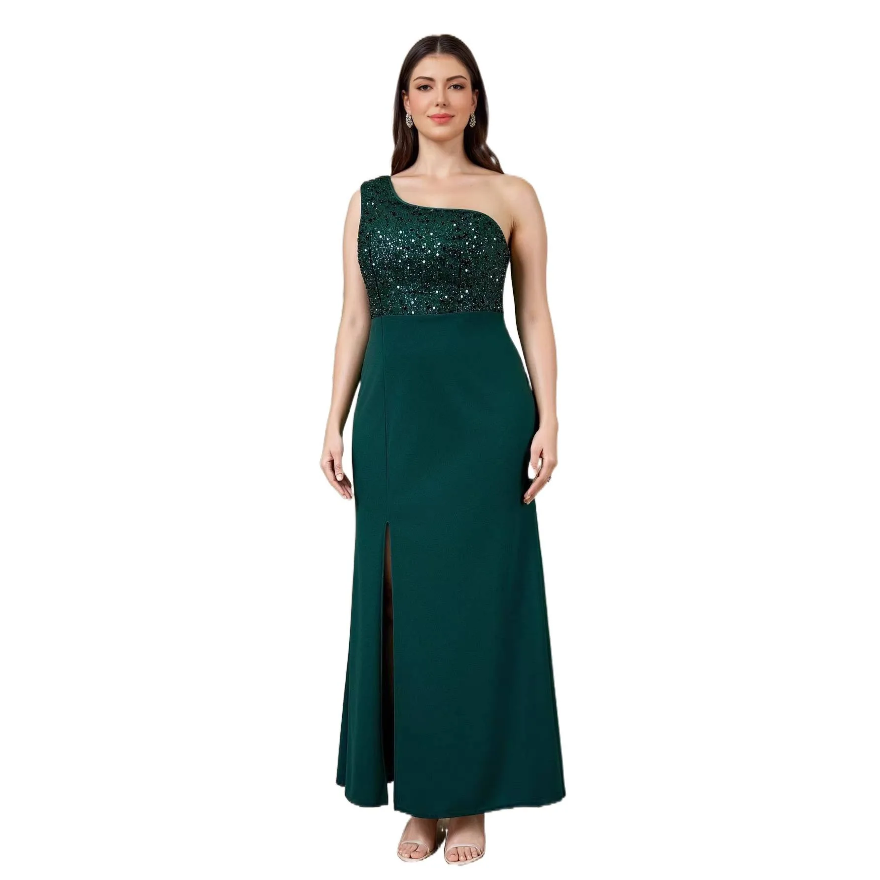 

Elegant One Shoulder Sequined Side Split Long Formal Evening Plus Size Dress Green