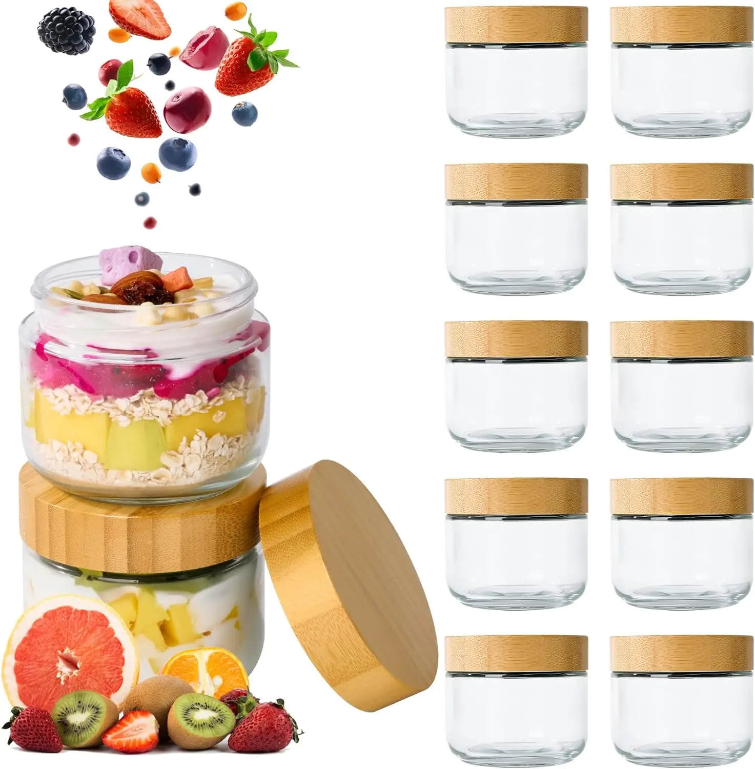 

1,8 Kır 9 унций, 12 упаковок стеклянных банок для еды с деревянными крышками, герметичные для овесов, круп, кухонного хранения