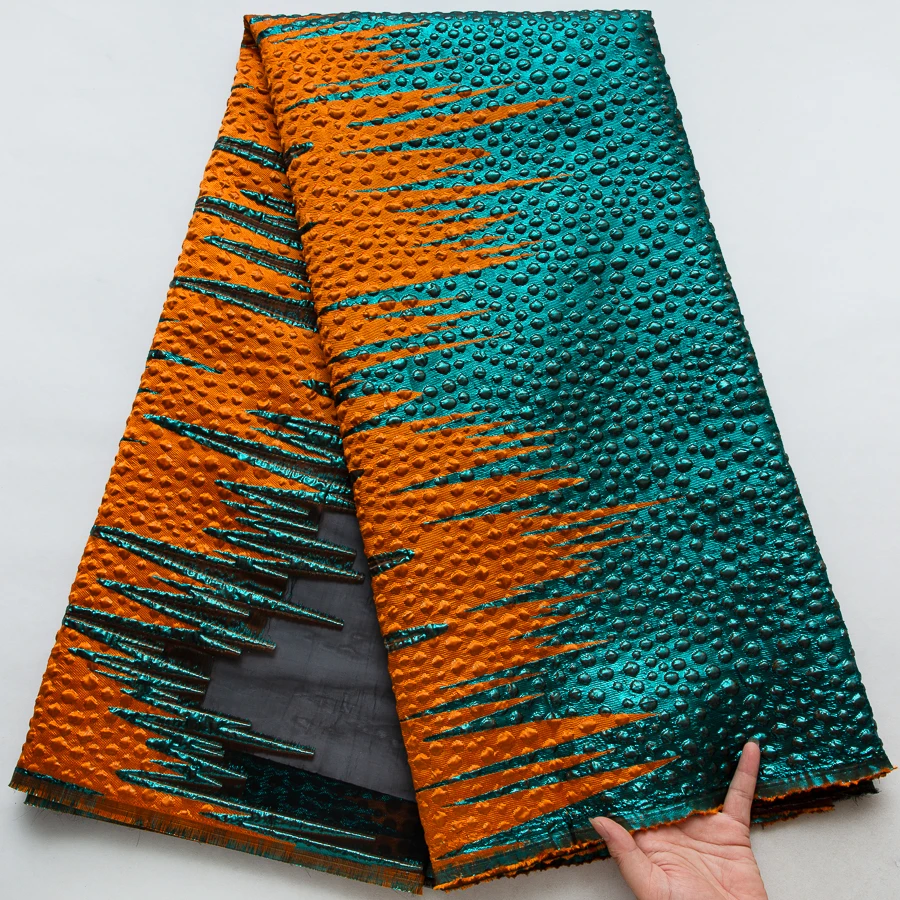 ​Premium African Brocade Fabric - Exotic Jacquard Weave in Striking Orange and Teal for Couture Fashion & Crafts​