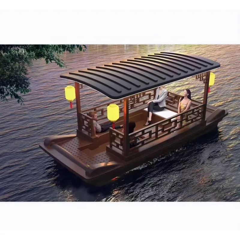 Classic Chinese Canopy Electric Boat Retro Water Leisure Vessel 7-8 km/h Speed Ideal for Lakeside Attractions and Relaxing