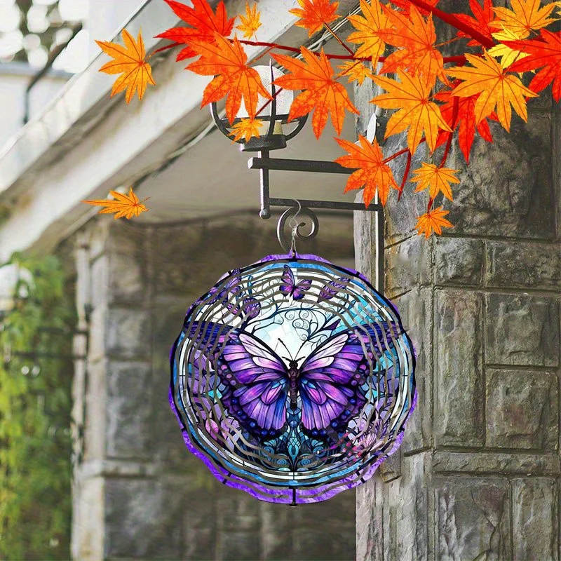 CIFBUY Purple Butterfly Wind Spinner Metal Hanging Ornament 3D Rotating Decor for Outdoor Yard Garden Patio
