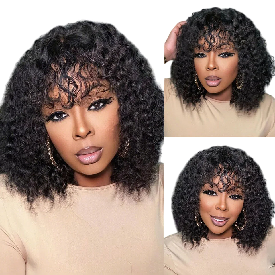 

Curly Human Hair Bob Wigs With Bangs Density200 14-18inch Brazilian Wear And Go Curly Bob Glueless Wigs Human Hair Ready To Wear