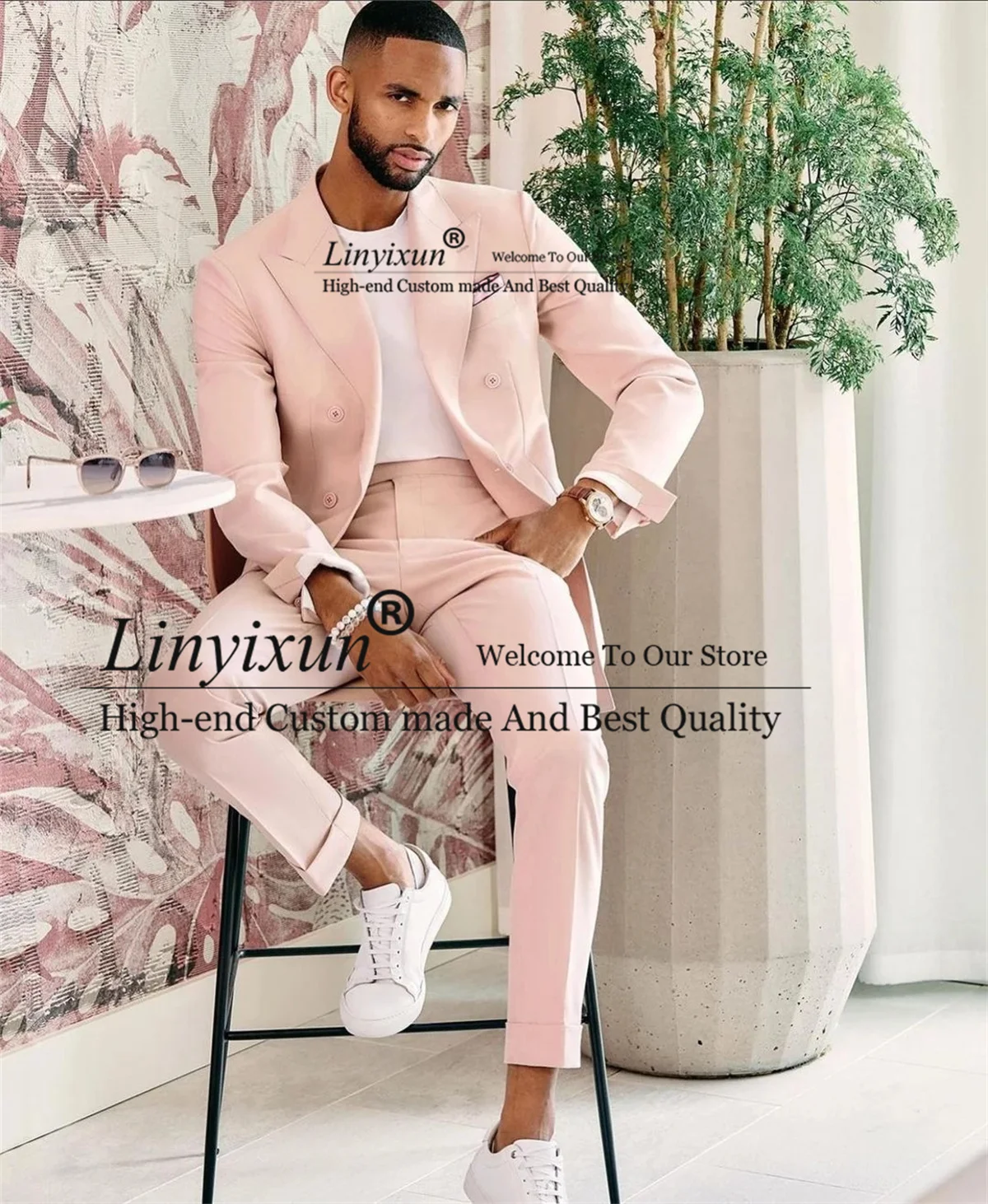 

Handsome Pink Wedding Suits For Men Slim Fit Groom Tuxedos 2 Pieces Jacket Pants Set Male Prom Party Blazer Terno Masculino