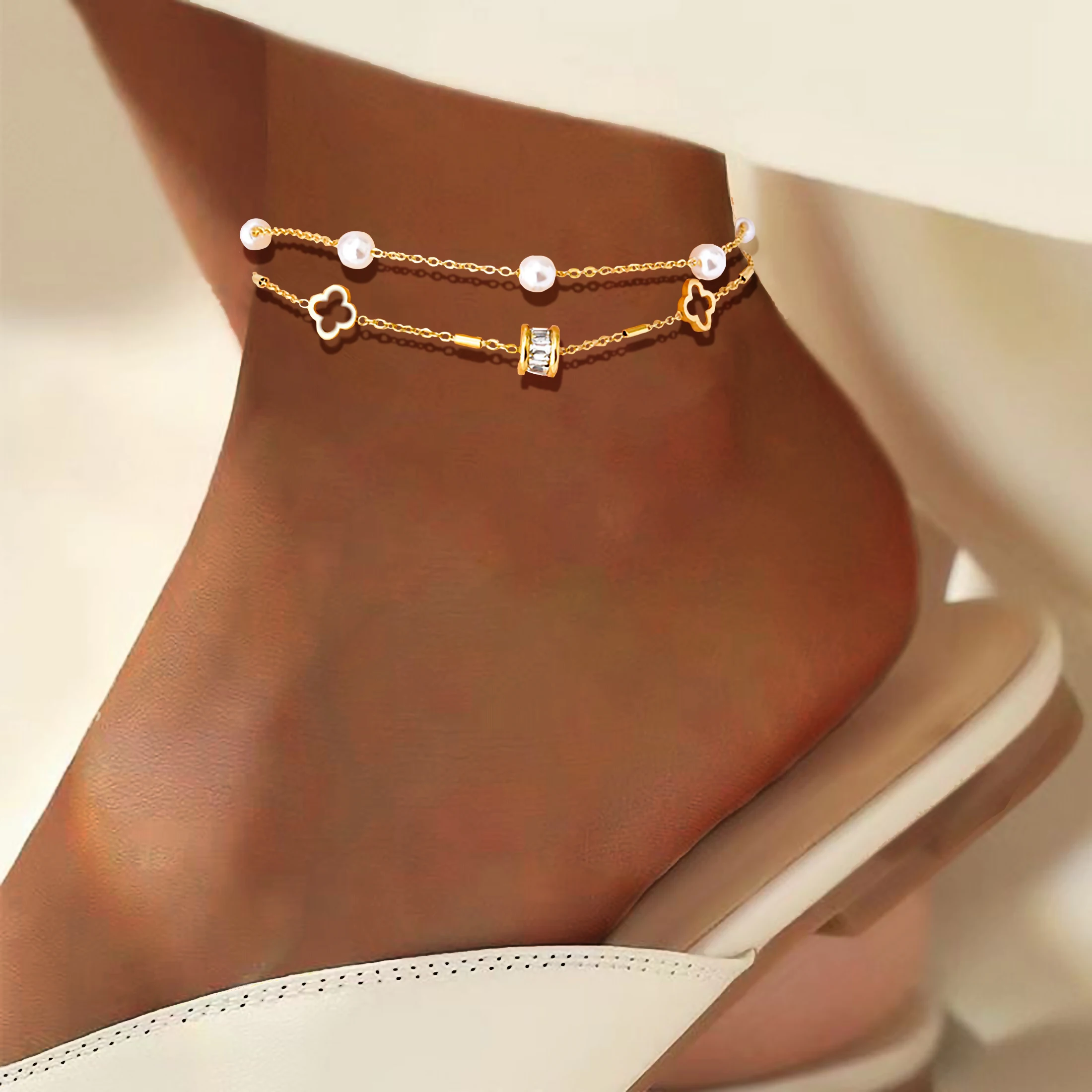 Drilling circle Zircon multi-layer pearl chain stainless steel women's fashionable and sexy jewelry gift beach ankle chain