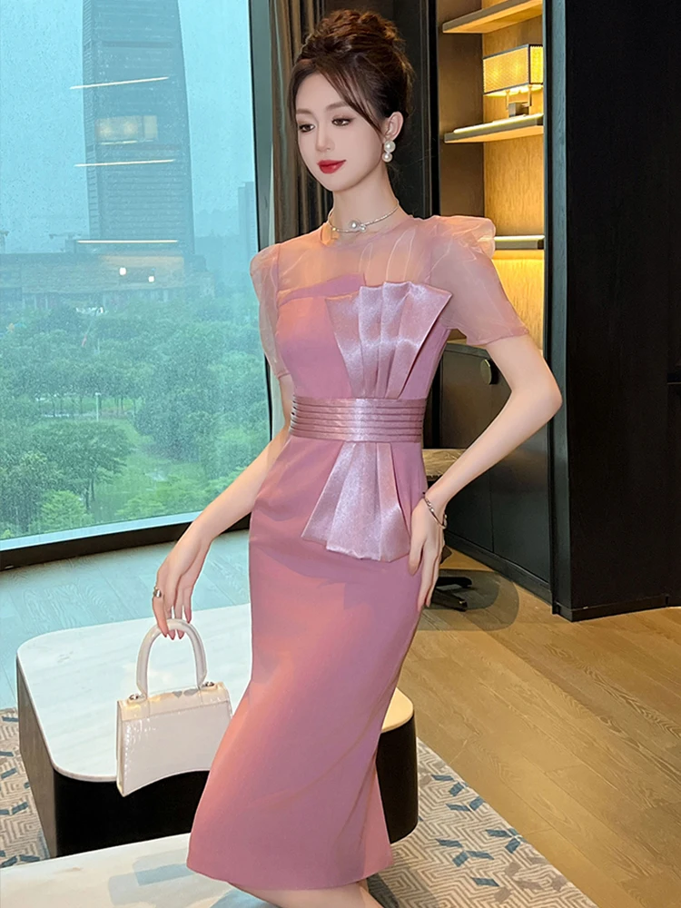 Sweet Birthday Party Dress Women's Cute Elegant Chic Big Bow Sheer Organza Splice High Waist Robe Female Prom Banquet Vestidos