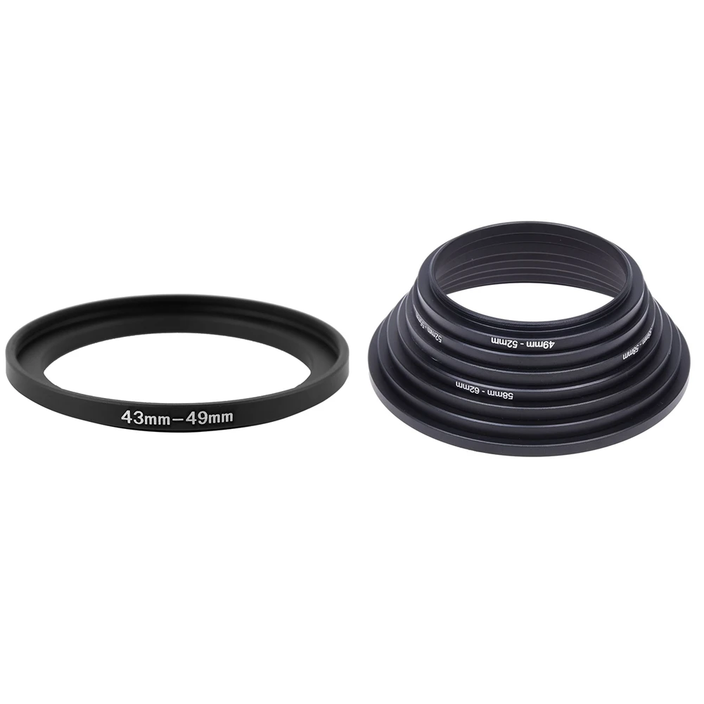 43mm to 49mm Metal Step Up Filter Ring Adapter with 49mm 52mm 55mm 58mm 62mm 67mm 72mm 77mm Metal Adapter Mount Set