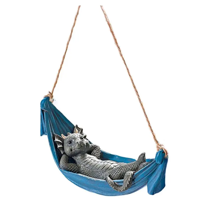 AEE6-Bed Dinosaur Resin Ornaments Pendant Garden Decoration Hammock Dinosaur Statue Garden Interior Decoration