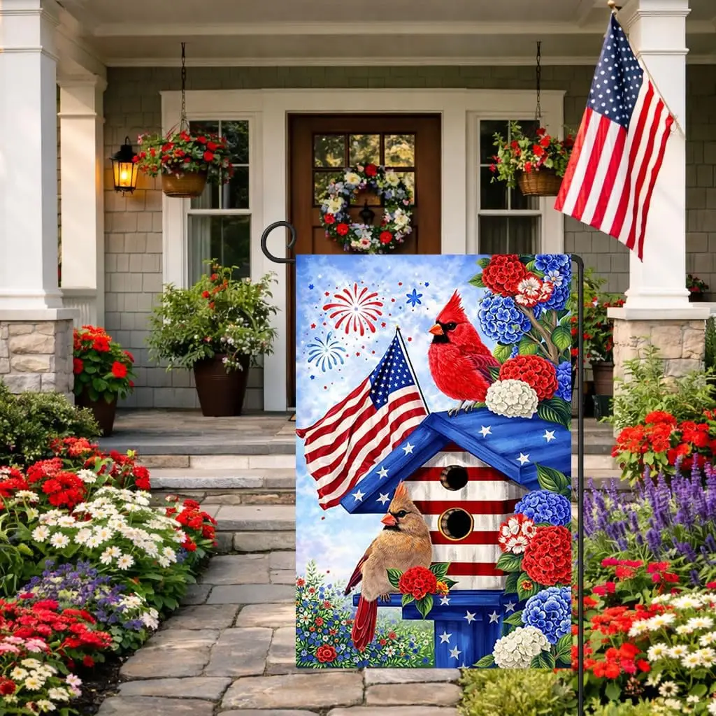 Cardinal Patriotic Garden Flag 12x18 Inch, Red Birdhouse American Anniversary 250 Flags 1776-2026 Memorial Day & 4th of  AAS