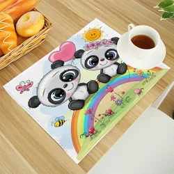 Cartoon Panda Print Linen Dining Table Mats Alphabet Kitchen Placemat 30X40cm Coasters Pads Bowl Cup Mat