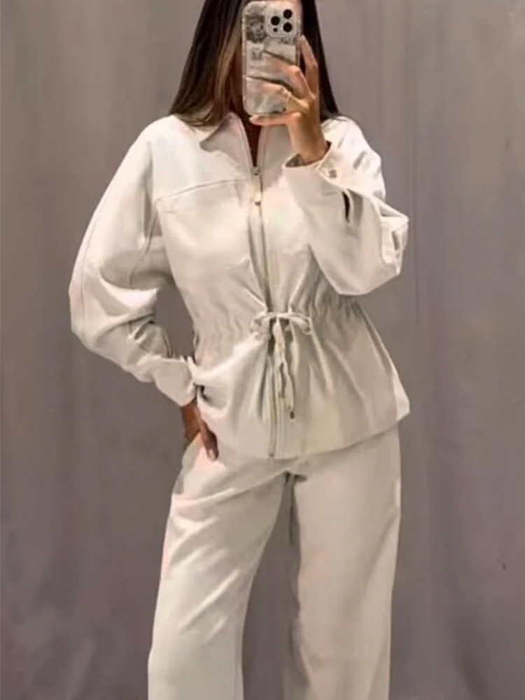 

Брюки с высокой талией, женские повседневные брюки, женские модные брюки, комплект из 2 предметов, однотонные рубашки на молнии спереди с карманами, пальто