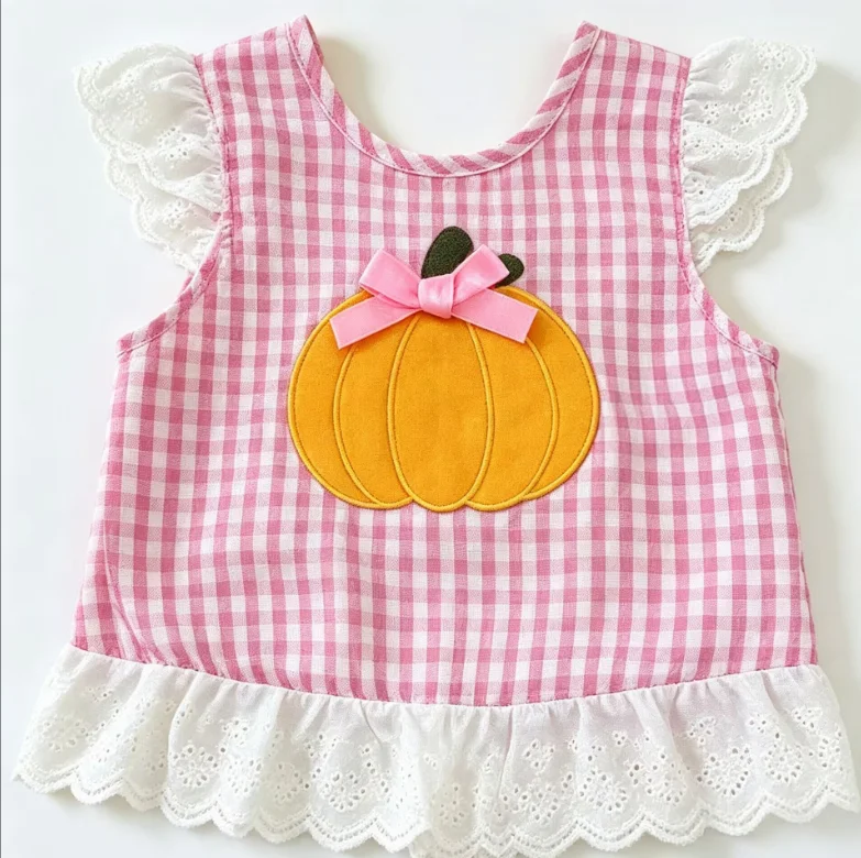 Pumpkin Embroidery Pink Plaid White Lace Trim Cuffs Girls Short-sleeved Top and Trousers Thanksgiving Bouutique Set RTS