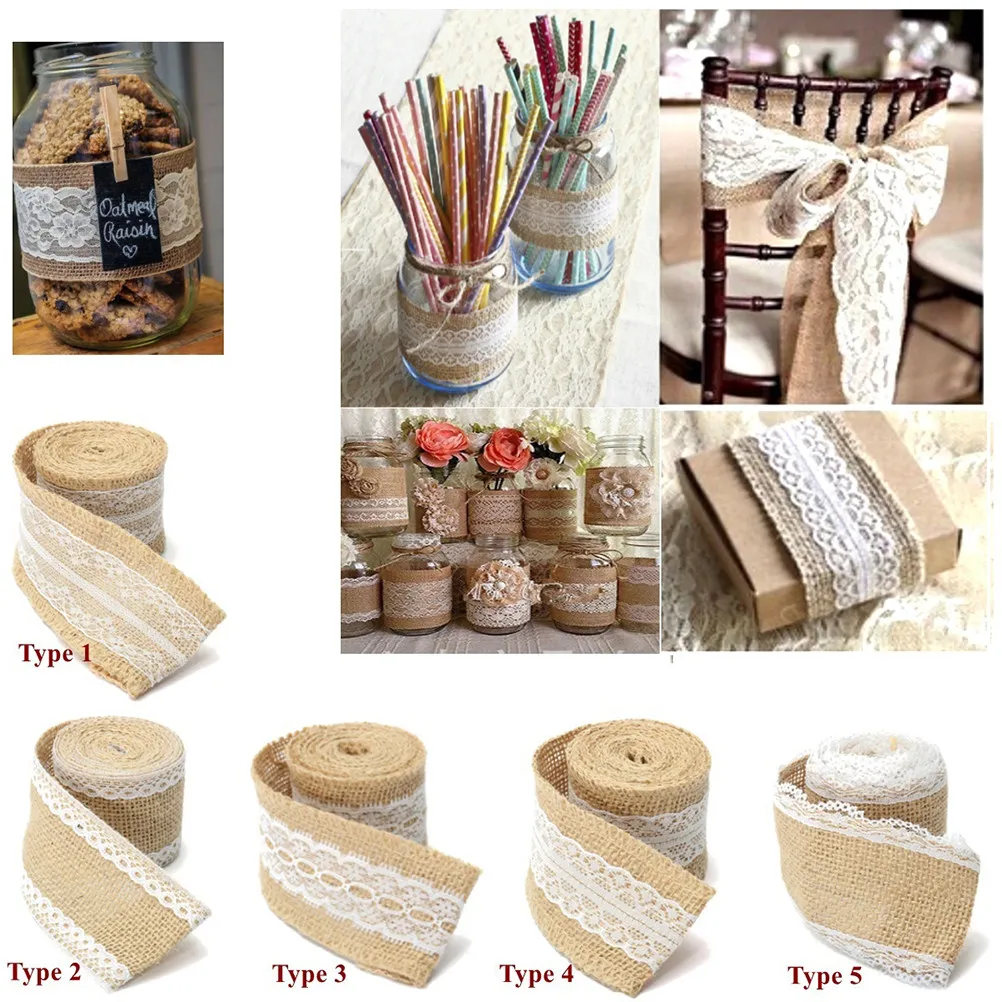 Ruban en jute de 200 cm avec bordure en dentelle, ruban artisanal en toile de jute pour la décoration de mariage, cadeaux DIY, cours de bricolage, respectueux de l'environnement, non tissé