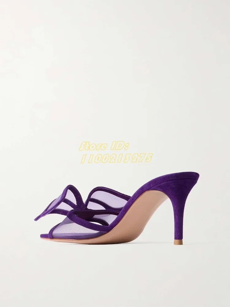 Air Mesh Thin High Heel Slippers Open Toe Purple Black Red Fashion 2025 Summer Women Slip On Butterfly Knot Hollow Slides